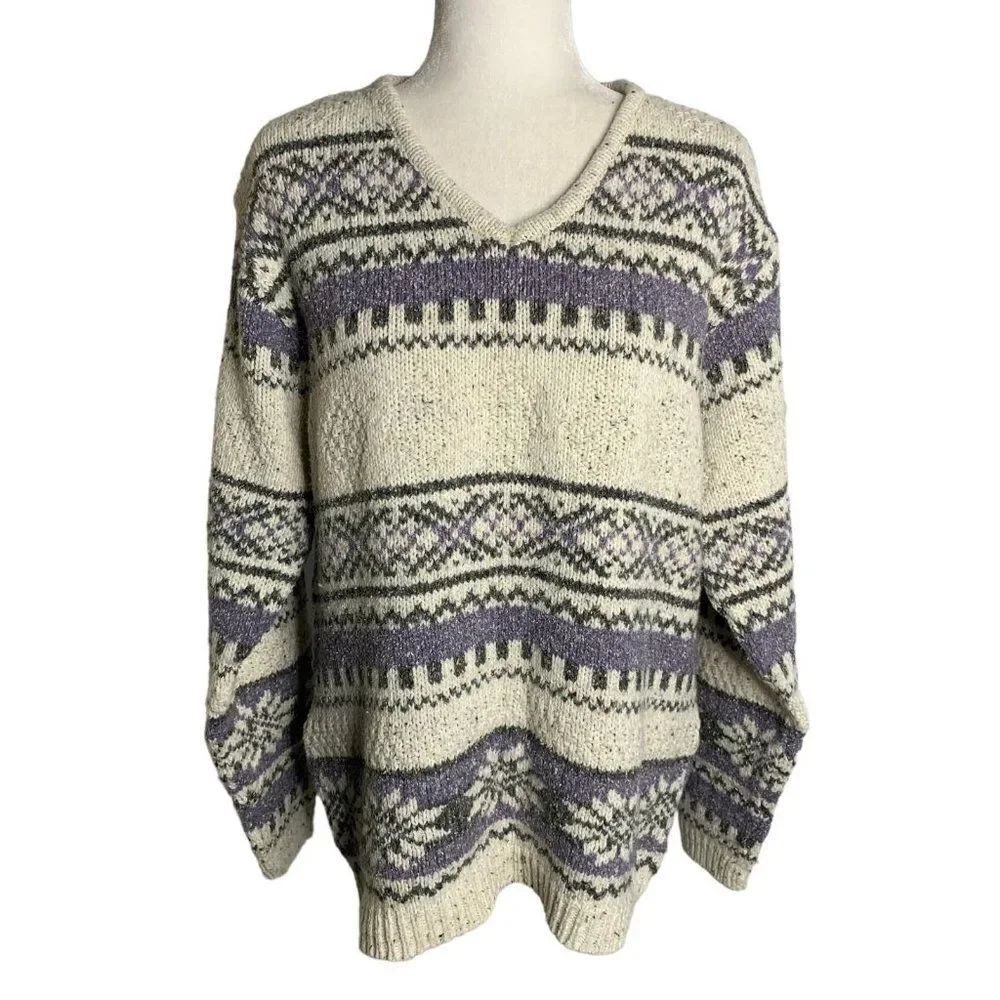 Vintage 80s Fair Isle Sweater L Beige Purple V Neck Pullover Long Sleeves Ski